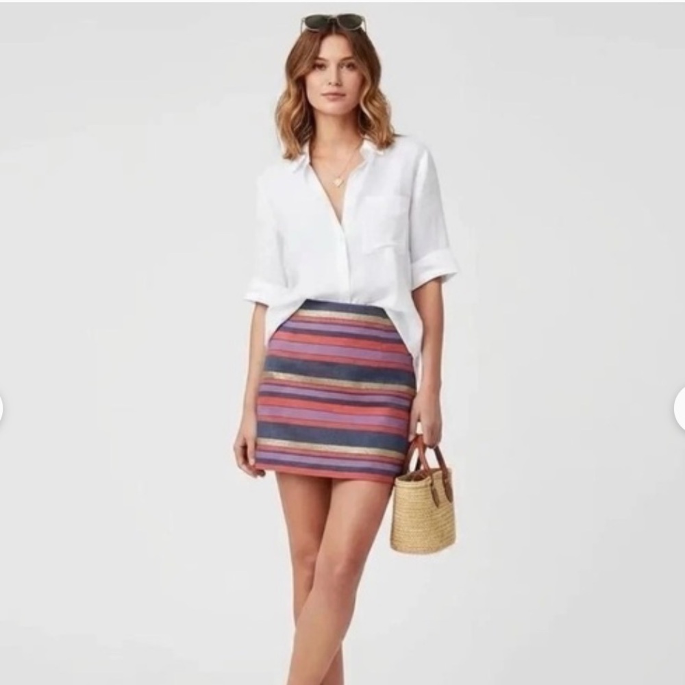 J. Crew Striped Mini Skirt in Coral, Lavender & Navy with Gold Accent